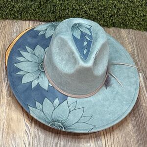 Custom Burned & Painted Baby Denim Blue Wide Brim Hat Suede Felt Sunflowers